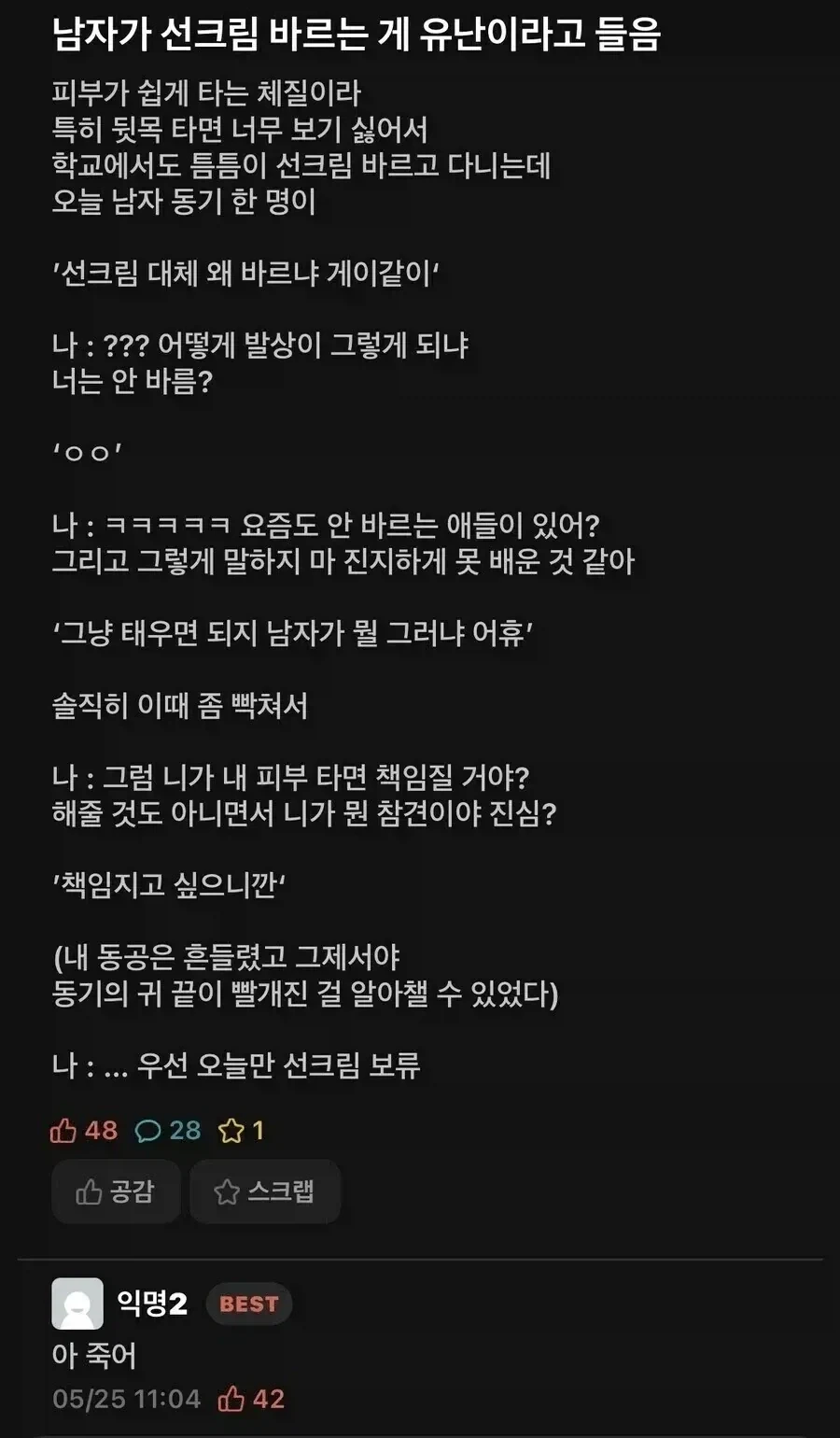 "선크림 대체 왜 바르냐 게이같이"